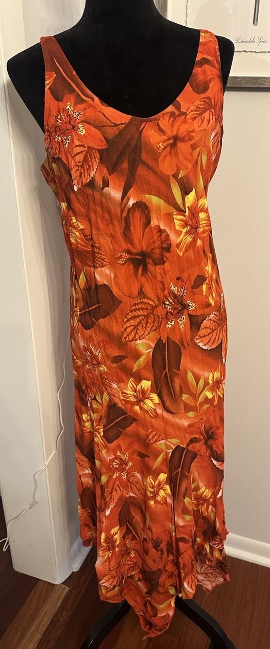 Jams World Vibrant Floral Maxi Dress Vintage Asymmetrical Hem Size Large Orange